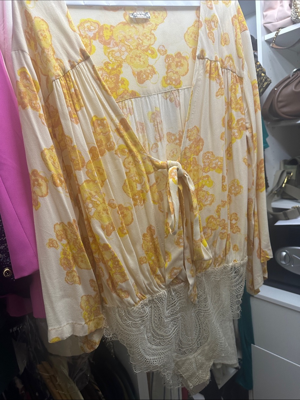 Free People Yellow Floral Tie-Front Blouse with Lace Trim